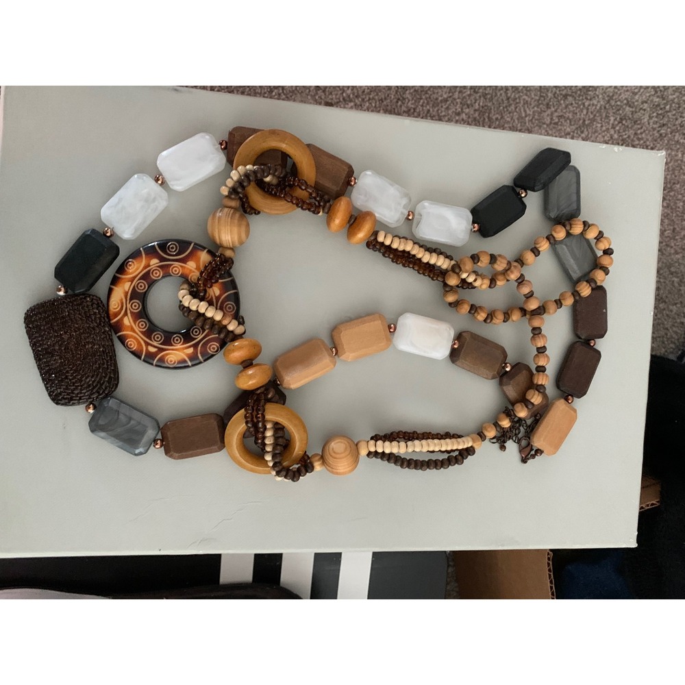 Chunky Wood Resin Statement Necklace Set Boho Vintage Retro Y2K Earthy - Picture 2 of 9